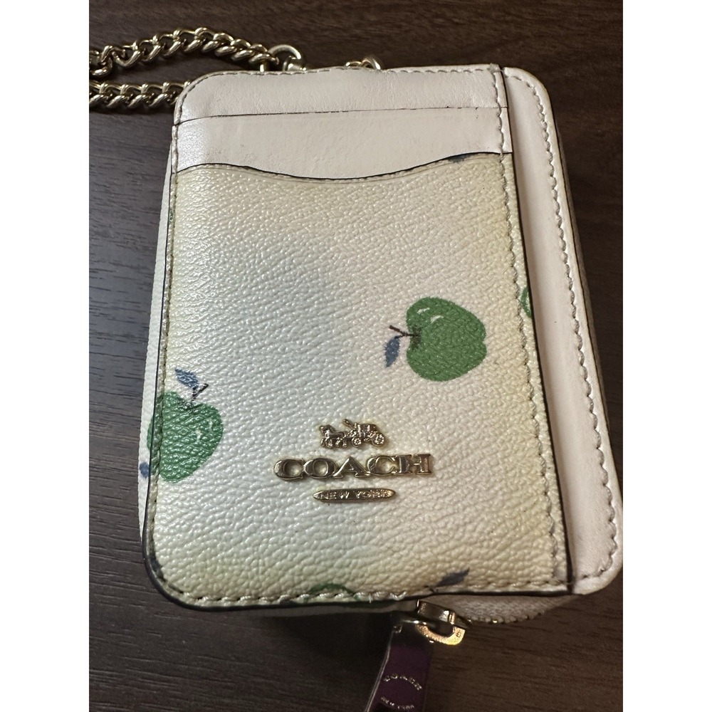Coach Apple Print Leather ID Holder Ivory Green Chain Strap Zippered Compartment